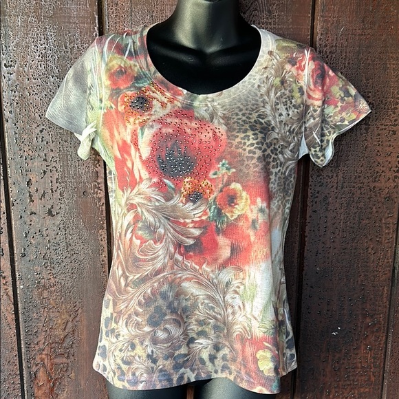 Vintage Tops - Vintage Y2K Romantic All Over Graphic Print Tee Fairy Top Leopard Boho Floral